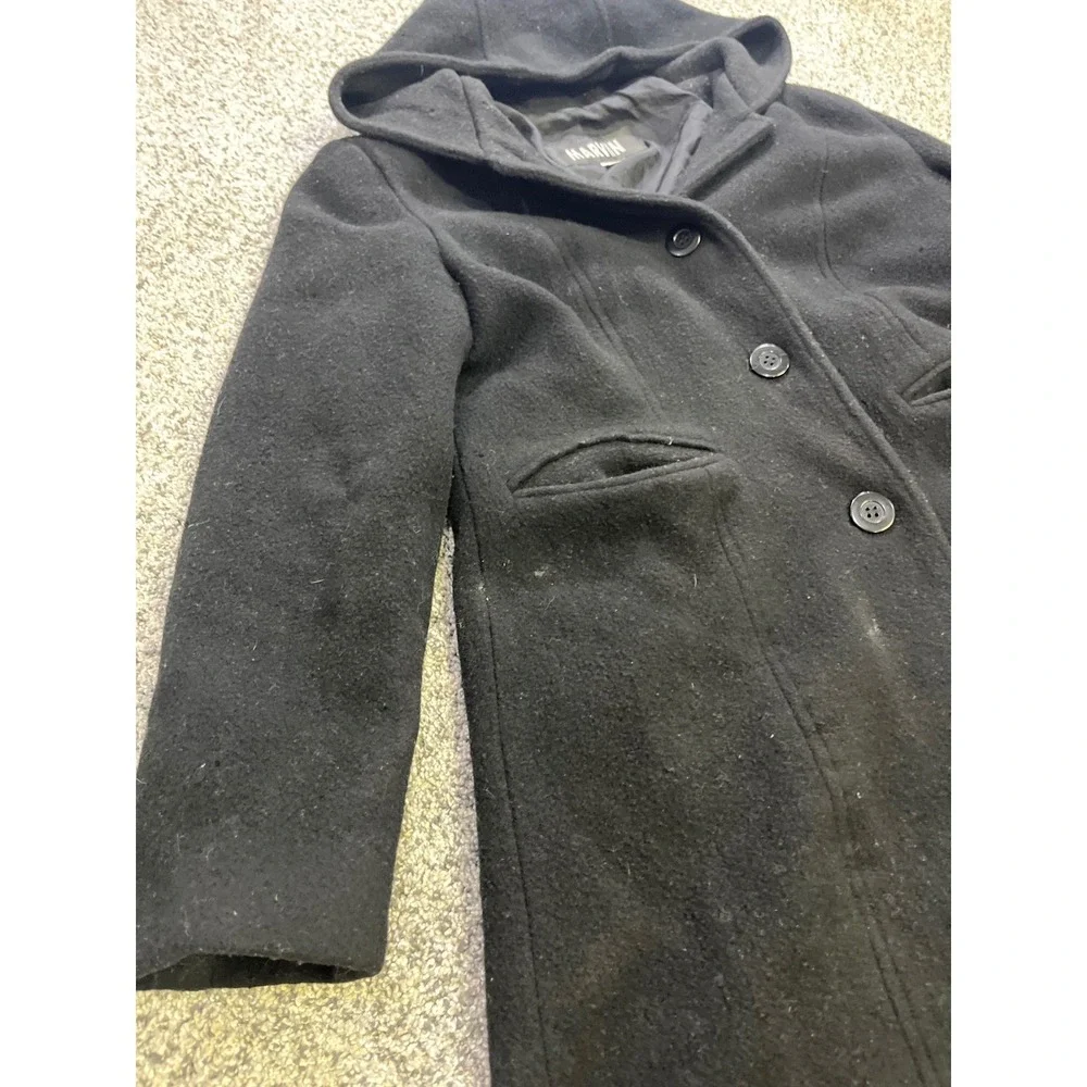 Marvin‎ Richards Black Hooded 100% Wool Overcoat Button Front USA Womens Medium